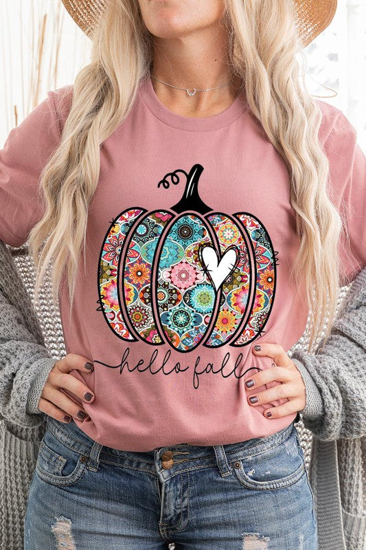 “Hello Fall” Boho-Pumpkin Graphic Round-Neck Short-Sleeve Tee - Multiple Colors - (S-L)