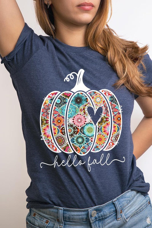 “Hello Fall” Boho-Pumpkin Graphic Round-Neck Short-Sleeve Tee - Multiple Colors - (S-L)