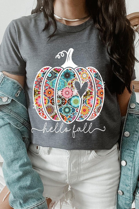 “Hello Fall” Boho-Pumpkin Graphic Round-Neck Short-Sleeve Tee - Multiple Colors - (S-L)