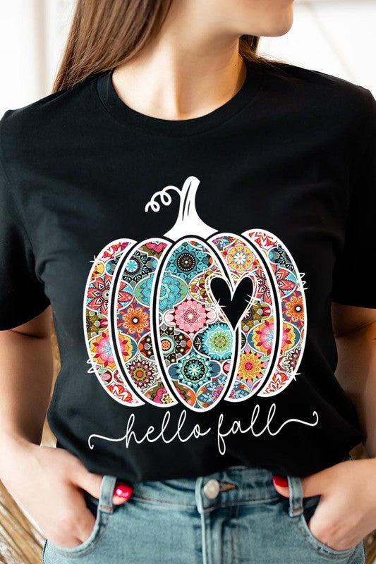 “Hello Fall” Boho-Pumpkin Graphic Round-Neck Short-Sleeve Tee - Multiple Colors - (S-L)