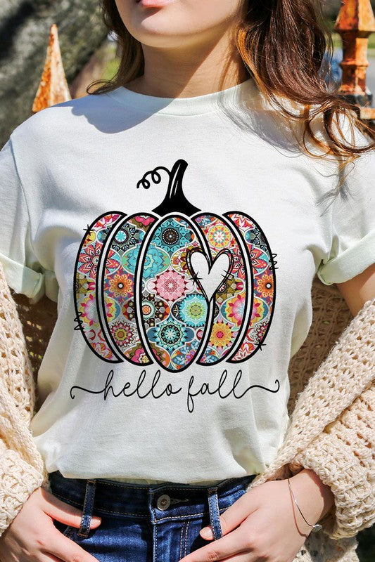 “Hello Fall” Boho-Pumpkin Graphic Round-Neck Short-Sleeve Tee - Multiple Colors - (S-L)