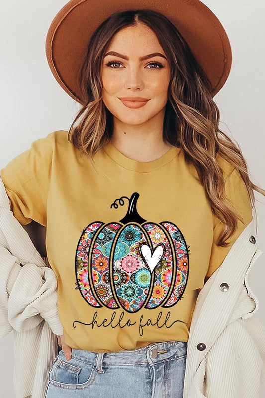 “Hello Fall” Boho-Pumpkin Graphic Round-Neck Short-Sleeve Tee - Multiple Colors - (S-L)