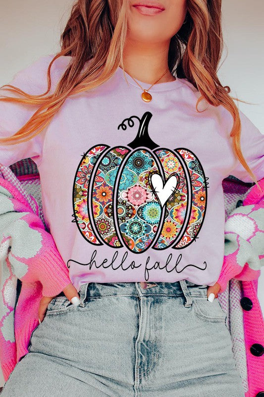 “Hello Fall” Boho-Pumpkin Graphic Round-Neck Short-Sleeve Tee - Multiple Colors - (S-L)