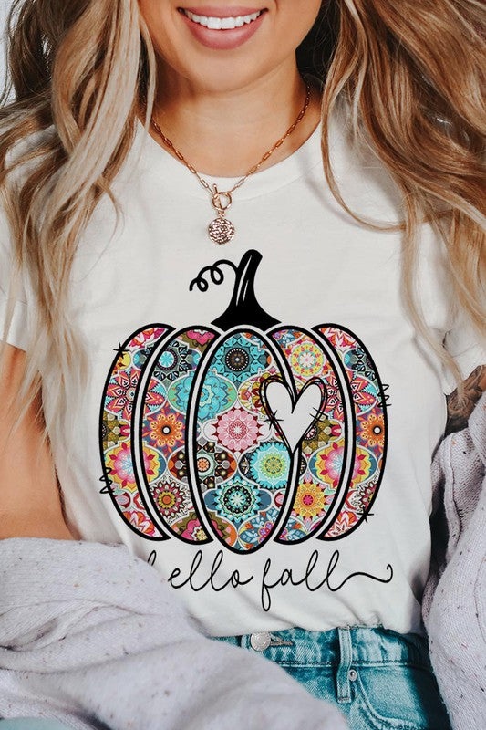 “Hello Fall” Boho-Pumpkin Graphic Round-Neck Short-Sleeve Tee - Multiple Colors - (S-L)