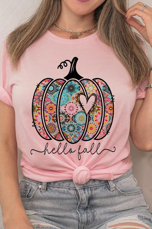 “Hello Fall” Boho-Pumpkin Graphic Round-Neck Short-Sleeve Tee - Multiple Colors - (S-L)