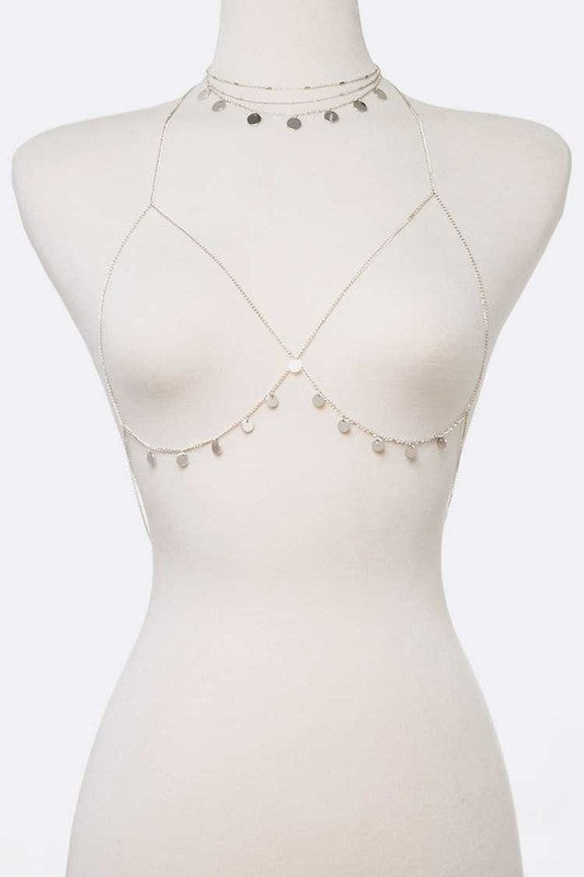 2-Piece Fringe-Disk Necklace & Bra-Style Chain Set - Gold, Rhodium