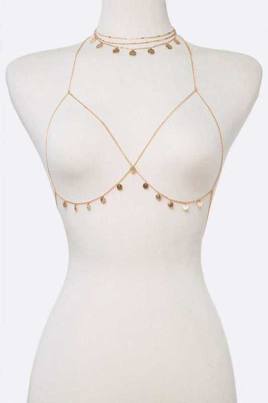 2-Piece Fringe-Disk Necklace & Bra-Style Chain Set - Gold, Rhodium