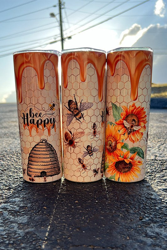 20 Oz. "Bee Happy" Stainless-Steel Tumbler With Straw - Yellow