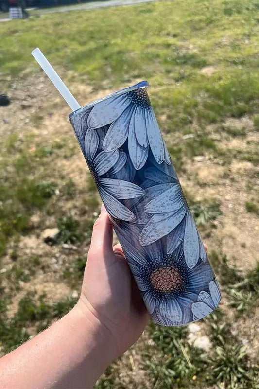 20 Oz. Blue Daisy Stainless-Steel Tumbler With Straw