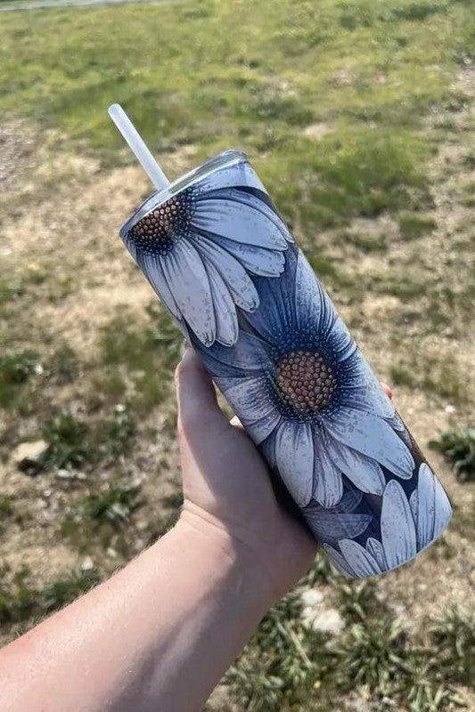 20 Oz. Blue Daisy Stainless-Steel Tumbler With Straw