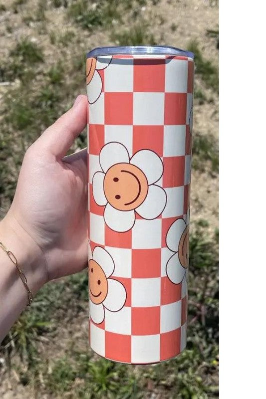 20 Oz. Checkered Daisy Stainless-Steel Tumbler With Straw