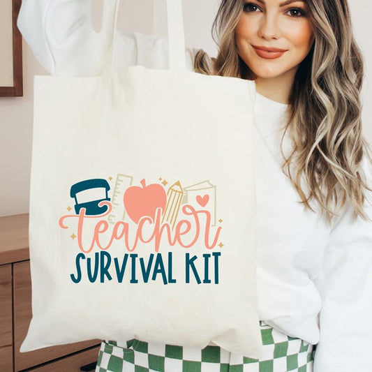 “Teacher Survival Kit” Graphic Canvas Tote Bag