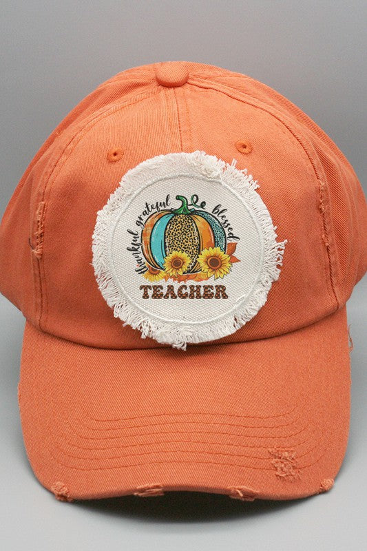 “Thankful, Grateful, Blessed Teacher” Pumpkin Graphic Patch Distressed Cap/Trucker Hat - Multiple Colors