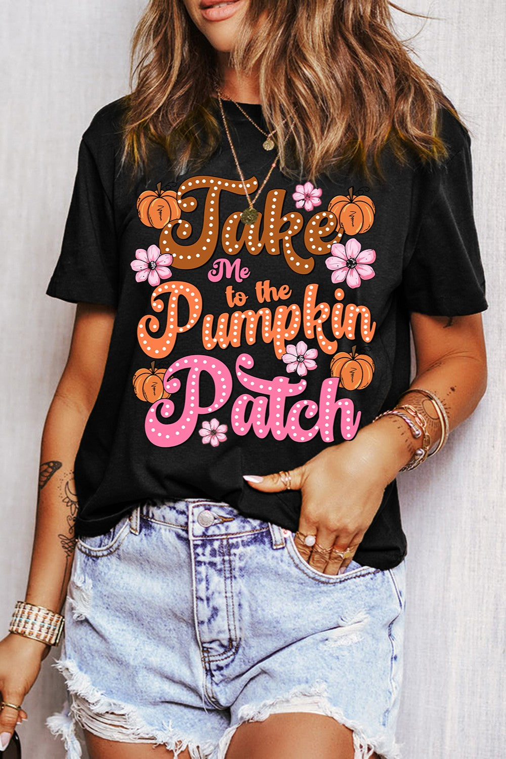 "Take Me To The Pumpkin Patch" Graphic Round-Neck Short-Sleeve T-Shirt - Black - (S-2XL)