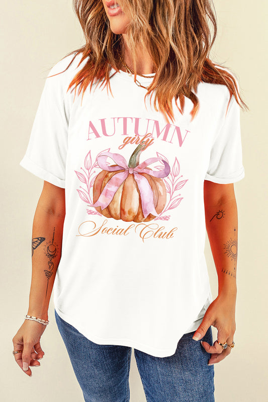 "Autumn Girly Social Club" Pumpkin Graphic Round-Neck Short-Sleeve T-Shirt - White - (S-2XL)