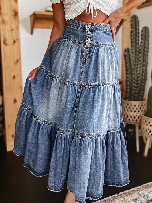 Button-Fly Tiered Maxi Denim Skirt - Medium Color - (S-XL)