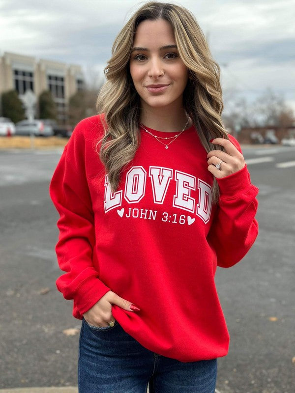 "Loved" John 3:16 Round-Neck Unisex Sweatshirt - Red - (S-XL)