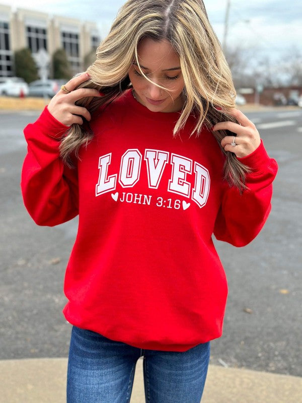 "Loved" John 3:16 Round-Neck Unisex Sweatshirt - Red - (S-XL)