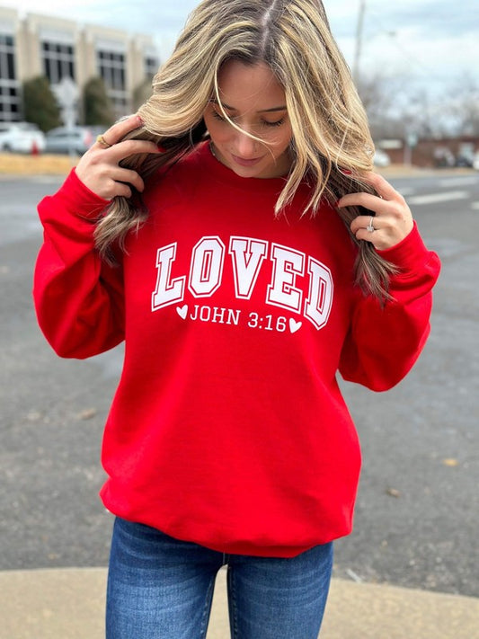 "Loved" John 3:16 Round-Neck Unisex Sweatshirt - Red - (2X-3X)
