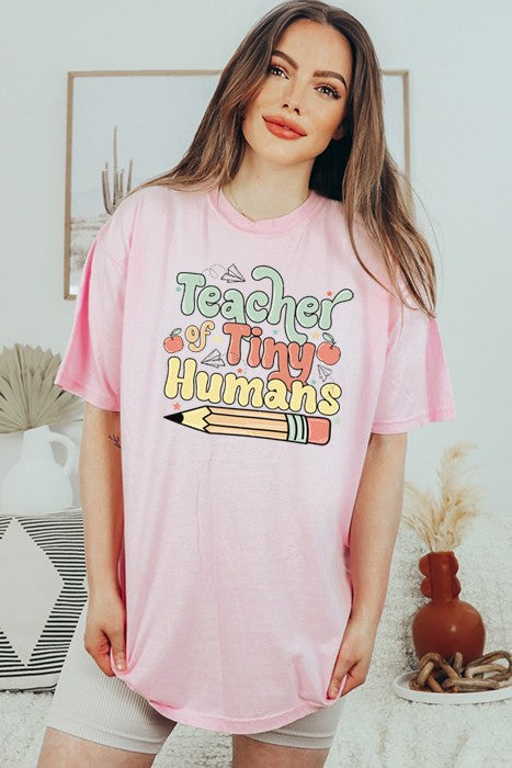 “Teacher Of Tiny Humans” Graphic Round-Neck Short Sleeve Oversized Tee - Multiple Colors - (S-XL)