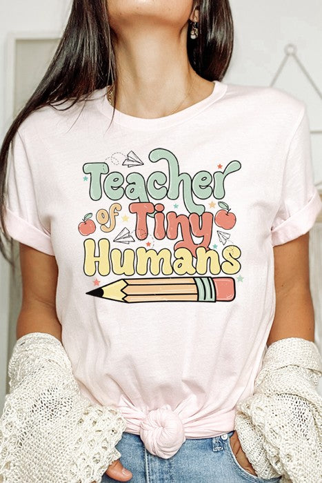 “Teacher Of Tiny Humans” Graphic Round-Neck Short Sleeve Tee - Multiple Colors - (S-XL)