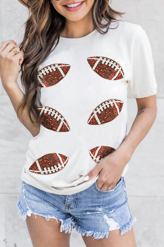 Sequined Football Detail Round-Neck Short-Sleeve T-Shirt - White - (S-2XL)