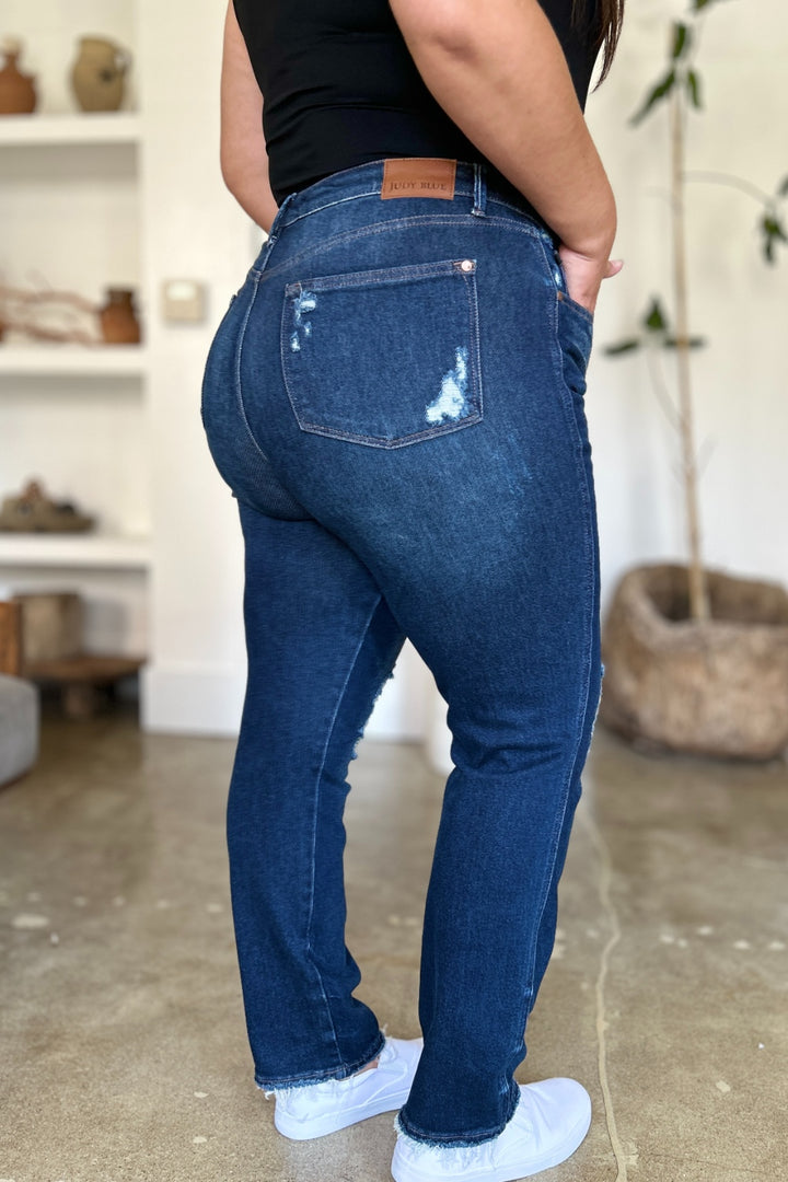 👖 Judy Blue High-Waist Rigid-Magic Heavy-Destroy Straight Jeans – Dark Wash (0-24W) 💙✨