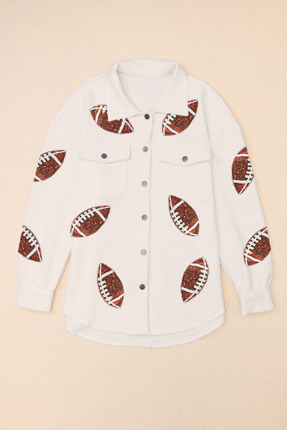 Sequined Football Patch Collared-Neck Snap-Button Jacket - White - (M-XL)