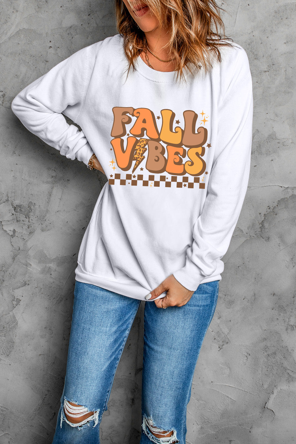 "Fall Vibes" Graphic Round-Neck Long-Sleeve Sweatshirt - White - (S-2XL)