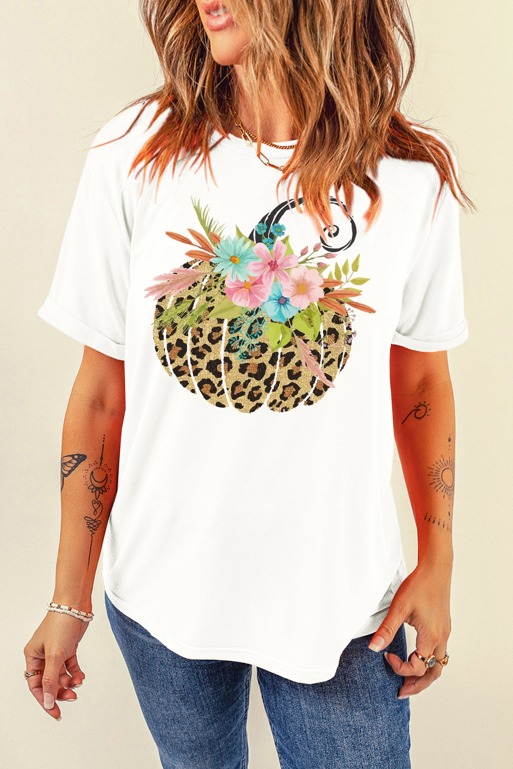 Leopard-Print Floral-Pumpkin Graphic Round-Neck Short-Sleeve T-Shirt - White - (S-2XL)