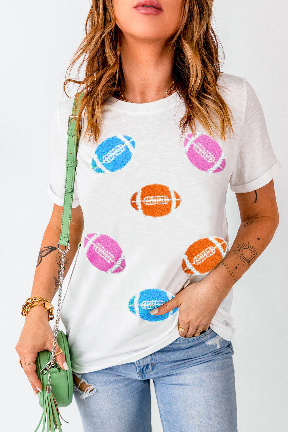 Football-Detail Round-Neck Short-Sleeve T-Shirt - White - (S-2XL)