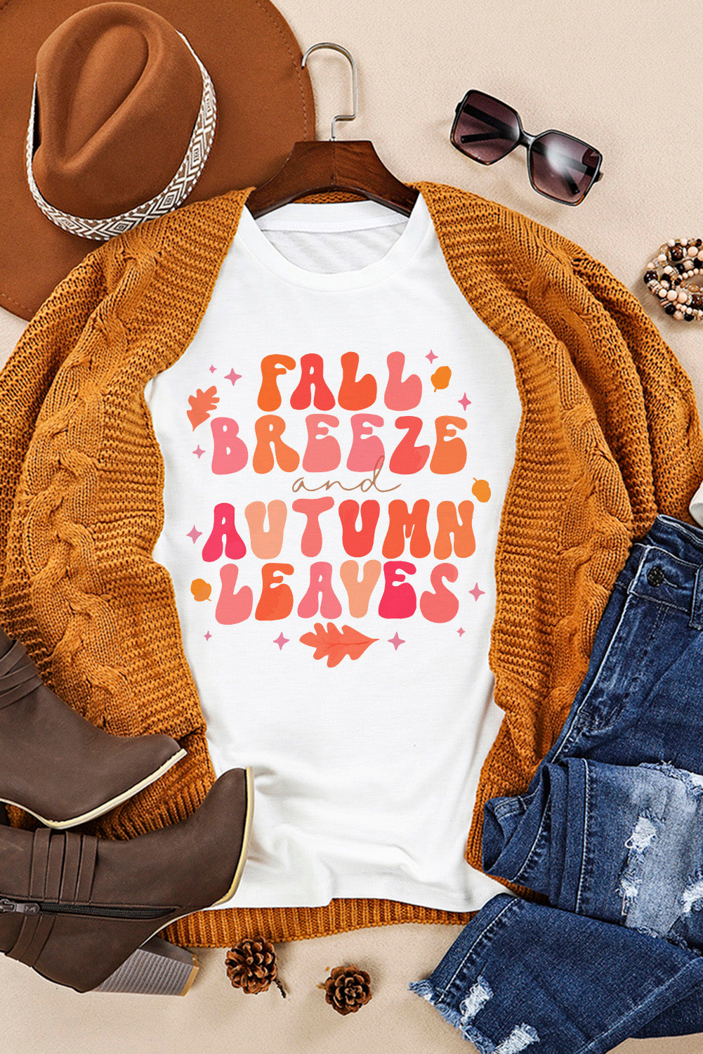 "Fall Breeze & Autumn Leaves" Graphic Round-Neck Short-Sleeve T-Shirt - White - (S-2XL)