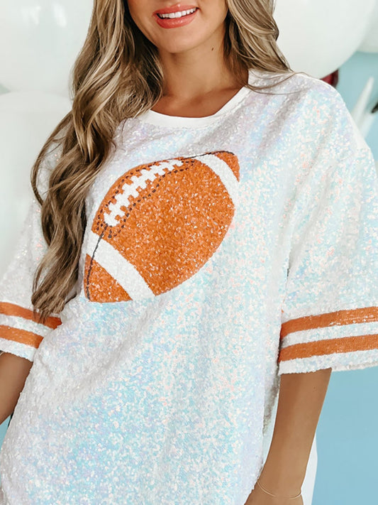 Sequined-Football Detail Round-Neck Half-Sleeve Oversize Top - Multiple Colors - (S-XL)