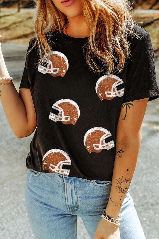 Sequined Football-Helmet Detail Round-Neck Short-Sleeve T-Shirt - Black - (S-2XL)