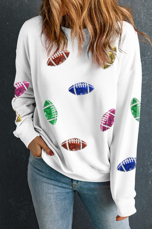 Round-Neck Long-Sleeve Sequined-Football Detail Sweatshirt - White - (S-2XL)