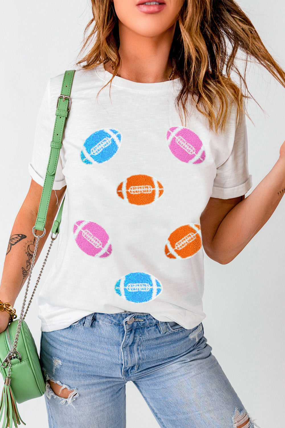 Football-Detail Round-Neck Short-Sleeve T-Shirt - White - (S-2XL)