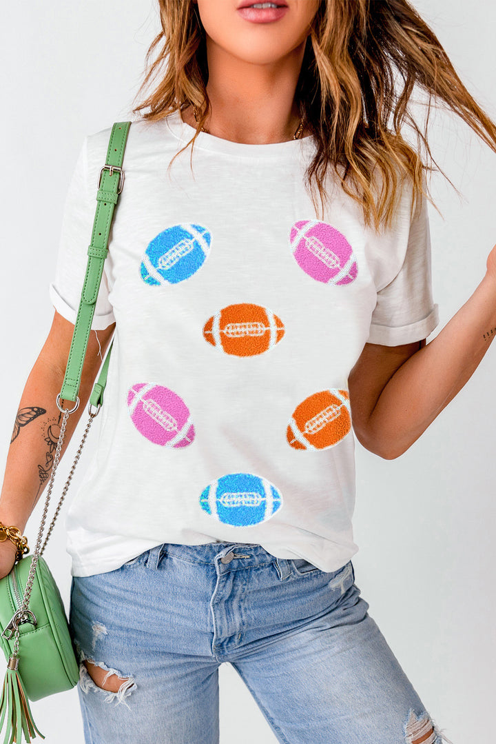 Football-Detail Round-Neck Short-Sleeve T-Shirt - White - (S-2XL)