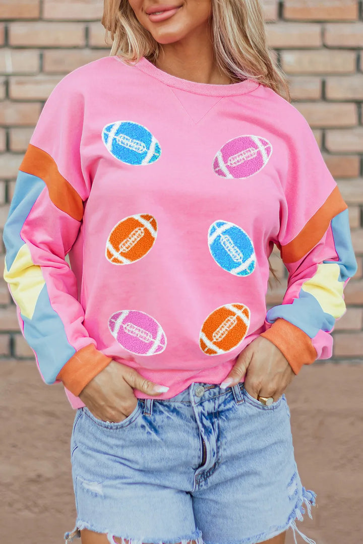 🏈💖 Contrast Football-Detail Long-Sleeve Sweatshirt – Pink - (S-XL) 💖🏈