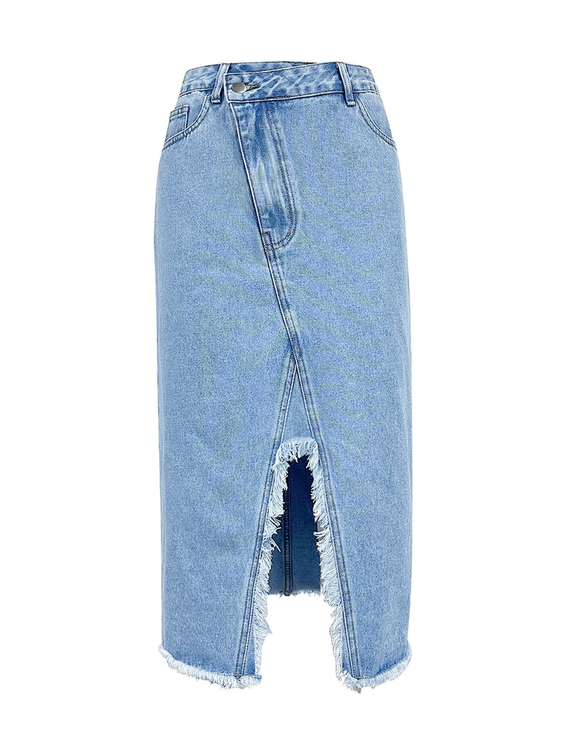 Raw-Hem Slitted Denim Midi Skirt - Light Color - (XS-L)