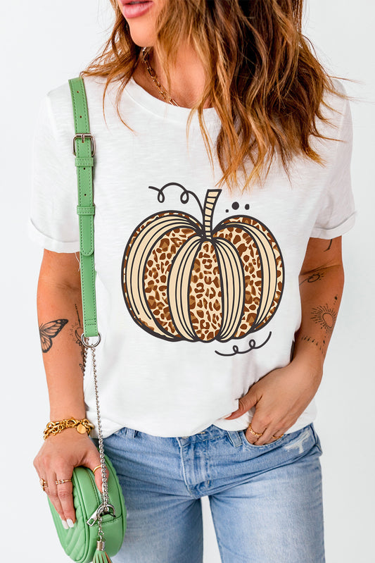 Animal-Print Pumpkin Round-Neck Short-Sleeve T-Shirt - White - (S-2XL)