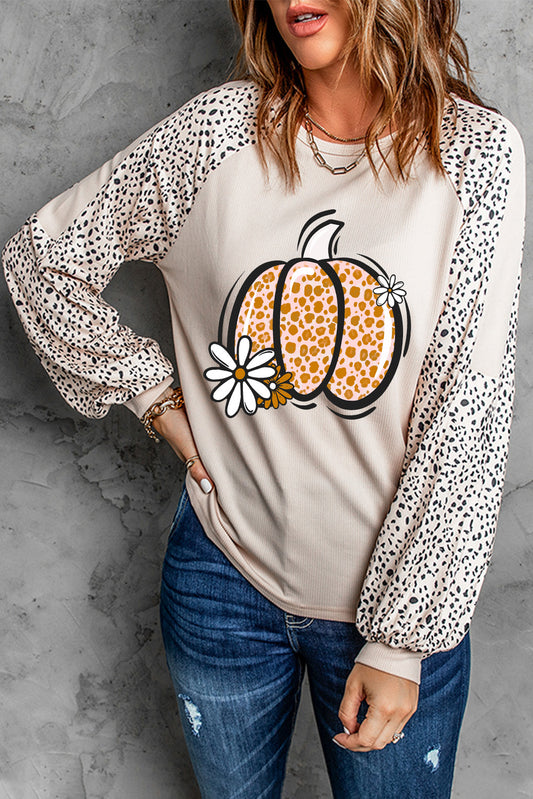 Pumpkin Graphic Animal-Print Round-Neck Long-Sleeve Top - Eggshell - (S-2XL)