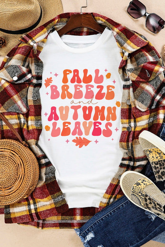 "Fall Breeze & Autumn Leaves" Graphic Round-Neck Short-Sleeve T-Shirt - White - (S-2XL)