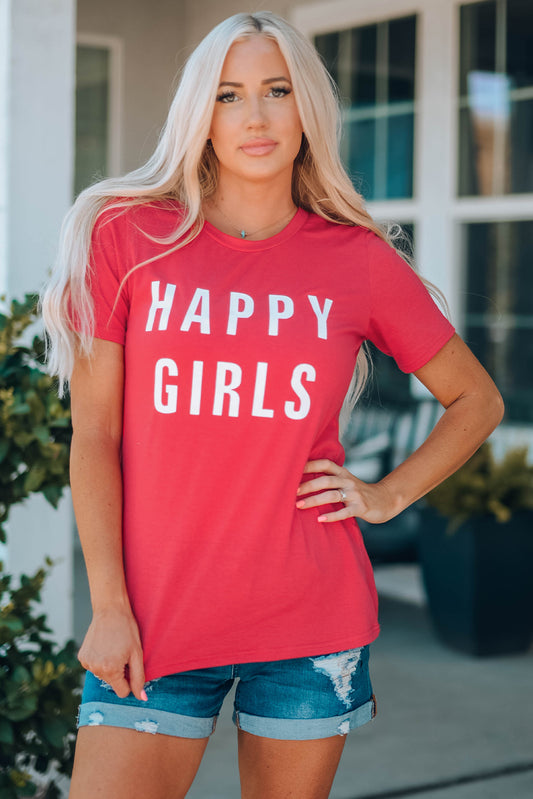 "Happy Girls" Graphic Short Sleeve T-Shirt - Hot Pink - (S-2XL)