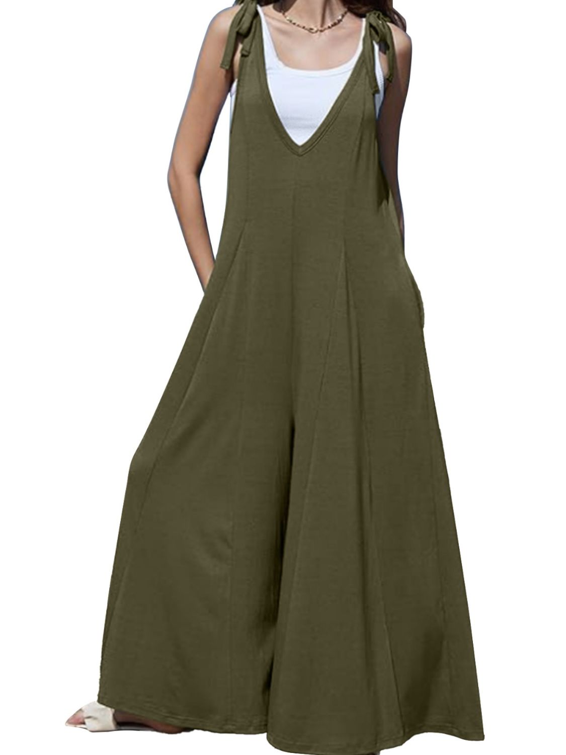 V-Neck Tie-Shoulder Wide-Leg Jumpsuit With Pockets - Army Green - (S-2XL)