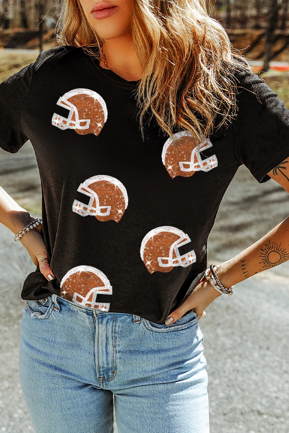 Sequined Football-Helmet Detail Round-Neck Short-Sleeve T-Shirt - Black - (S-2XL)