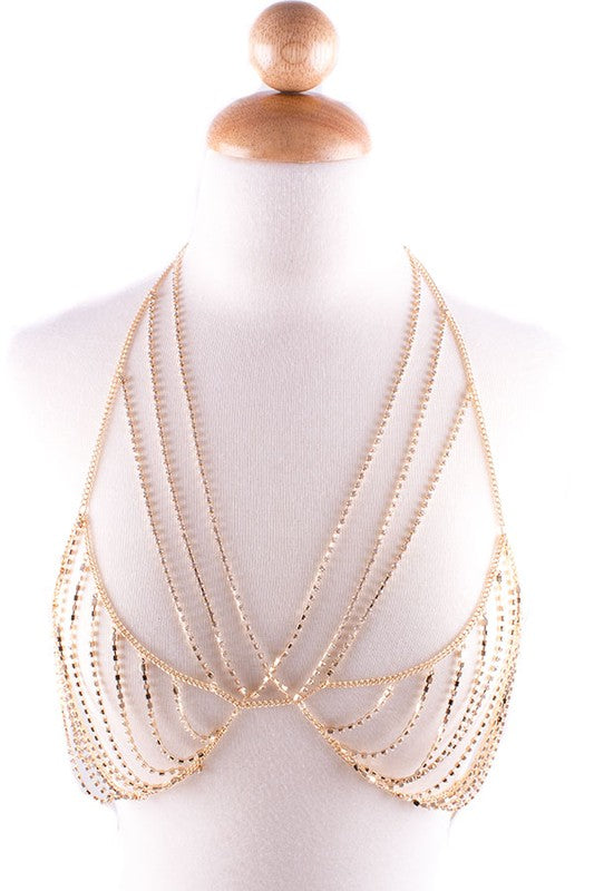 Multi-Strand Rhinestone Bralette Body Chain - Gold