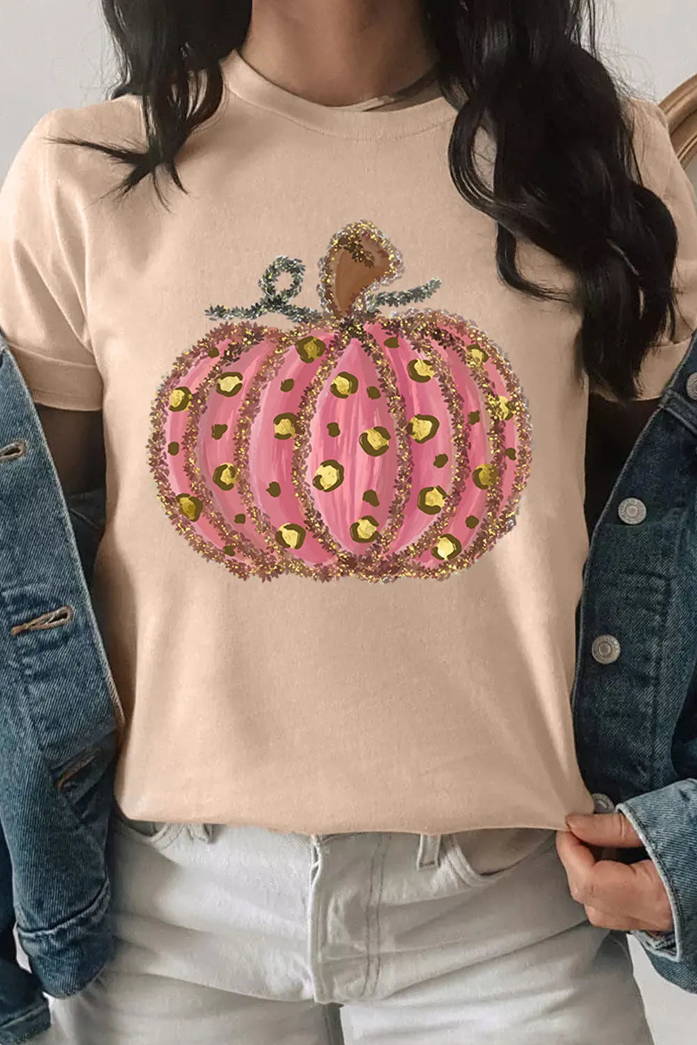 Animal-Print Pumpkin Graphic Round-Neck Short-Sleeve T-Shirt - Tan - (S-2XL)