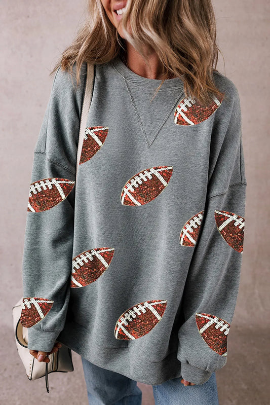 Sequin Football Graphic Round-Neck Long-Sleeve Sweatshirt - Dark Gray - (S-XL)