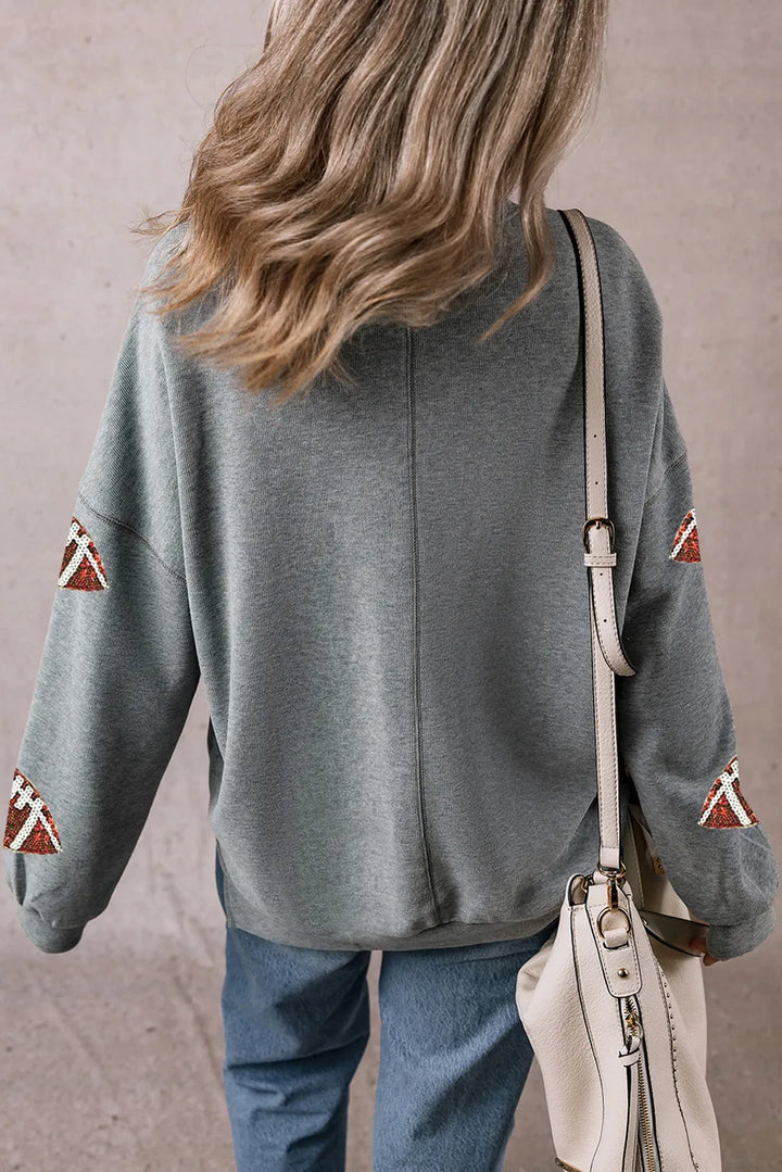 Sequin Football Graphic Round-Neck Long-Sleeve Sweatshirt - Dark Gray - (S-XL)
