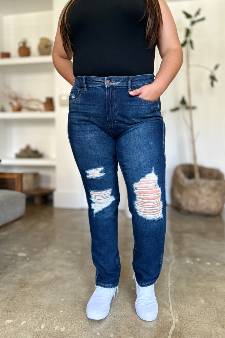 👖 Judy Blue High-Waist Rigid-Magic Heavy-Destroy Straight Jeans – Dark Wash (0-24W) 💙✨
